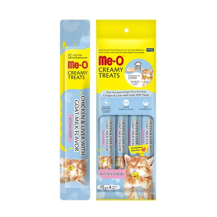 Me-O - Me-O Creamy Treats Kitten Tavuklu Cigerli ve Keçi Sütlü Yavru Kedi Ödülü 15gr 4lü