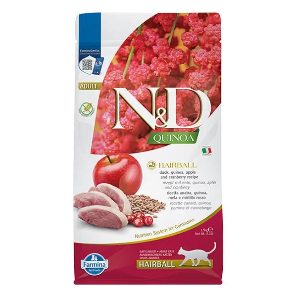N&D - N&D QUINOA HAIRBALL Ördek Etli Kinoa ve Elmalı Yetişkin Kedi Maması 1,5 KG