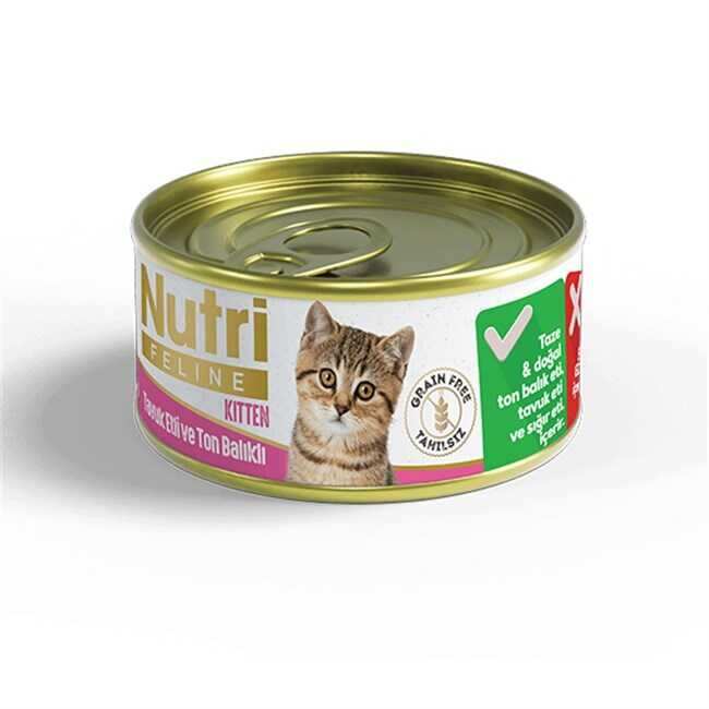 Nutri Feline - Nutri Feline Tahılsız Tavuk Etli Ton Balıklı Yavru Kedi Konservesi 80 Gr.