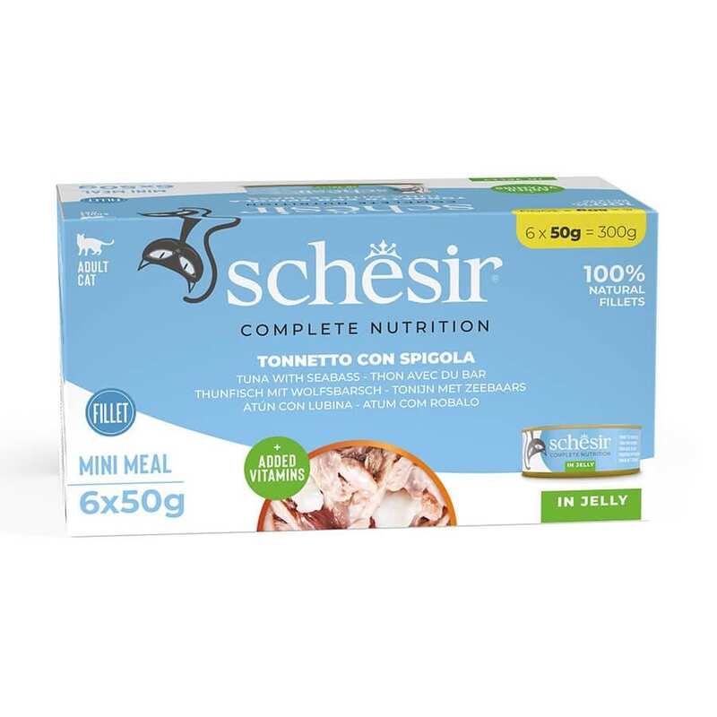Schesir - Schesir Tam ve Dengeli Ton Balığı ile Levrekli Jöle İçinde Kedi Konservesi Multipack 6x50g