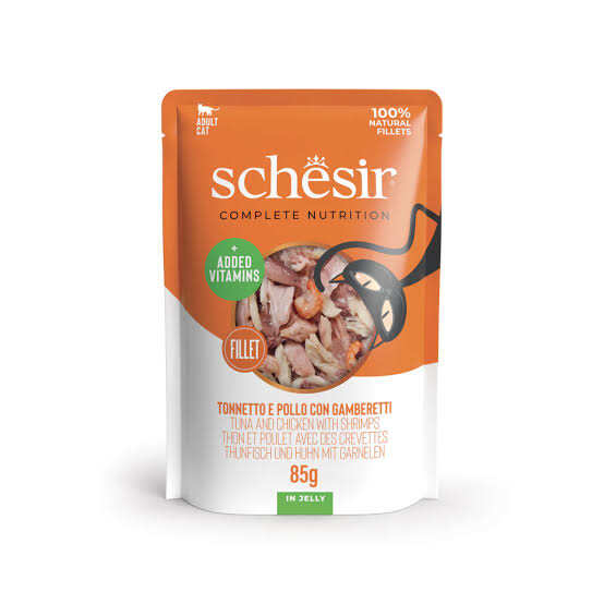Schesir - Schesir Tam ve Dengeli Ton Balığı ve Tavuk ile Karidesli Jöle İçinde Kedi Pouch 85g