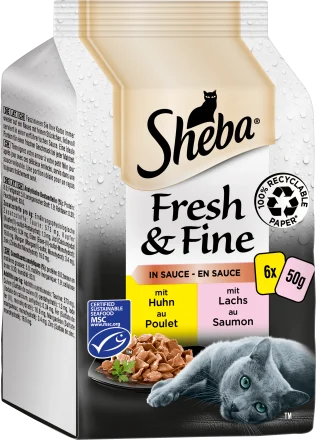 Sheba - Sheba Pouch Fresh&Fine Sos İçerisinde Somonlu Tavuklu Yetişkin Kedi Konservesi 50gr (6'lı)
