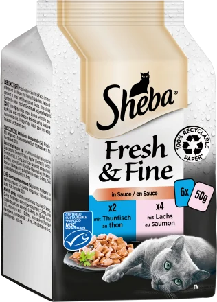 Sheba - Sheba Pouch Fresh&Fine Sos İçerisinde Ton Balıklı Somonlu Yetişkin Kedi Konservesi 50gr (6'lı)