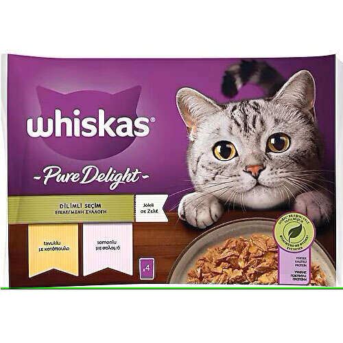 Whiskas - Whiskas Pouch Pure Delight Jöle İçinde Tavuklu ve Somonlu Yetişkin Kedi Konservesi 85gr (4'lü)